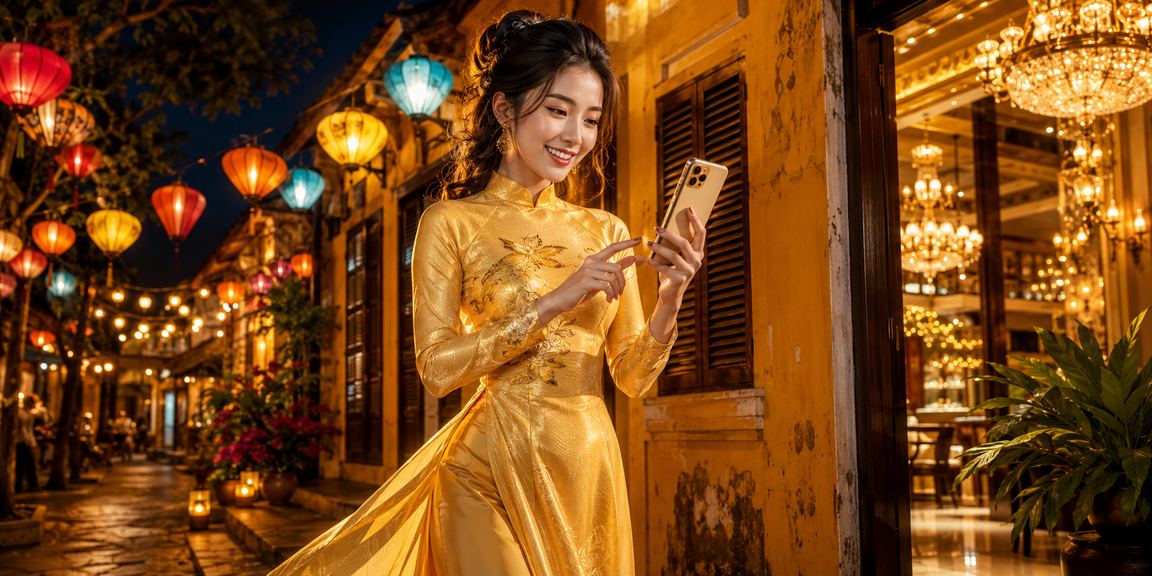 Phụ nữ Việt Nam trong trang phục áo dài trải nghiệm game slot tại Hội An